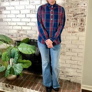 St. John’s Bay Cotton Red Blue Plaid Jeweled Button Ruffle Mock-neck Blouse